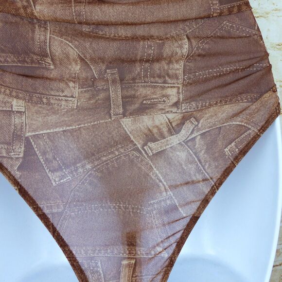 Y2K Bodysuit Women M Brown Jean Pocket Trompe Loeil Mesh Sheer Ruched V-neck VTG - Picture 9 of 15